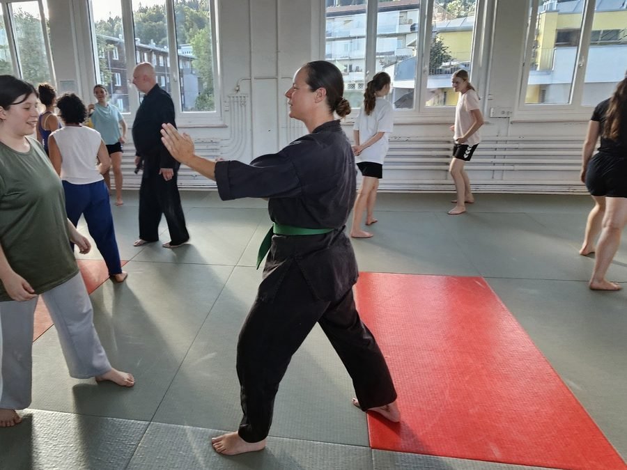 Initiation aux arts martiaux des danseuses du Hangar au dojo Goshindo To Kenko