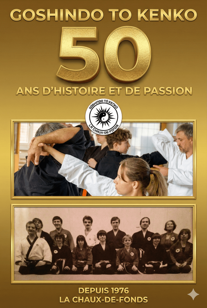 Affiche du Goshindo To Kenko célébrant 50 ans d'histoire avec des images d'une séance d'arts martiaux et une photo historique des membres du dojo.